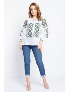 Bluza dama tip ie din bumbac alba cu model traditional verde cu auriu - Img 3