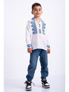 Bluza traditionala din bumbac alb cu broderie albastra in forma de romb pentru baieti - Img 2