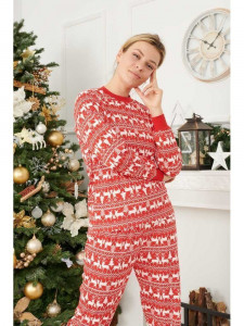 Pijama de Craciun dama model rosu cu reni albi - Img 2