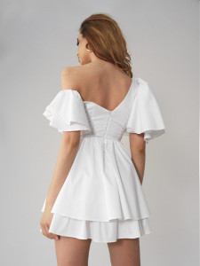 Rochie asimetrica alba cu corset si volane pentru dama - Img 2