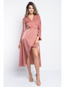Rochie dama asimetrica din satin latte petrecuta cu snur in talie - Img 5