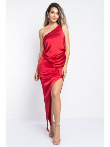 Rochie dama asimetrica din satin rosu cu un umar gol - Img 5