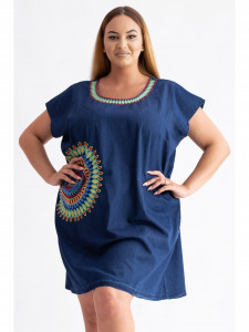 Rochie dama marimi mari din bumbac albastru cu model abstract - Img 2