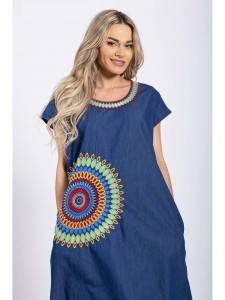 Rochie dama marimi mari din bumbac albastru cu model abstract - Img 7