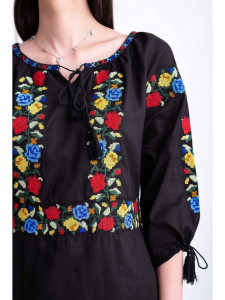 Rochie dama tip ie traditionala din bumbac negru cu broderie florala multicolora - Img 9