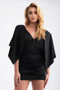 Rochie mini neagra drapata cu decolteu amplu si maneci vaporoase - Img 1