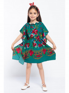 Rochie Model Folclor din Bumbac Verde cu Elastic in Talie - Img 1