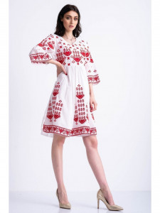 Rochie tip ie traditionala din bumbac alb cu model broderie rosie - Img 2