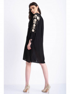 Rochie tip ie traditionala din bumbac negru cu broderie aurie - Img 4