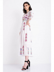 Rochie tip ie traditionala lunga din bumbac alb cu model geometric roz - Img 4