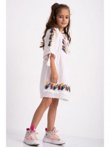 Rochie Traditionala din Bumbac Alb Brodat cu Flori Colorate - Img 4