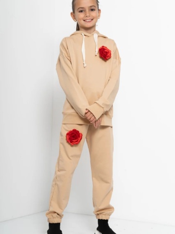 Trening Copii COZY CUSTOM Bej Oversize WKND cu 3 trandafiri rosii-slim - Img 2