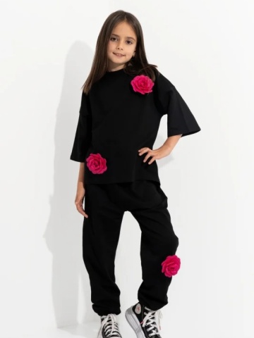 Trening Copii CUSTOM Negru Oversize WKND Flowers cu 3 fucsia-evazat - Img 1