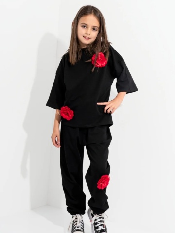 Trening Copii CUSTOM Negru Oversize WKND Flowers cu 3 trandafiri rosii-evazat - Img 1