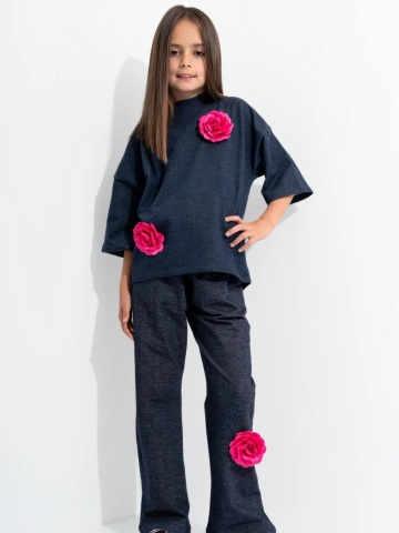 Trening Fete CUSTOM Jeans Oversize WKND Flowers cu 3 trandafiri fucsia-evazat