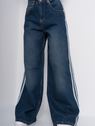 Blue Flare Jeans cu talie inalta si Dungi Laterale - Img 1