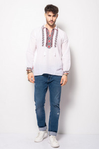 Bluza barbat tip ie din bumbac alb cu model traditional - Img 2