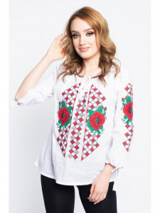 Bluza dama tip ie din bumbac alba cu model traditional rosu