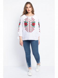 Bluza dama tip ie din bumbac alba cu model traditional rosu - Img 5