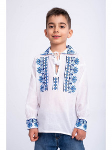 Bluza traditionala din bumbac alb cu broderie albastra in forma de romb pentru baieti - Img 1