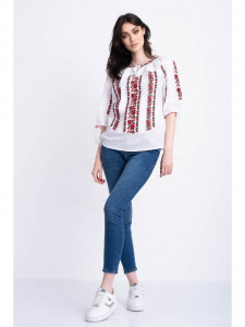 Bluza traditionala din bumbac alb cu broderie inflorata rosie pentru dama - Img 3