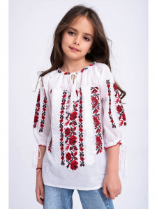 Ie din bumbac alb cu broderie inflorata rosie pentru fete - Img 1