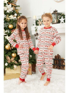 Pijama de Craciun copii model alb cu reni rosii din bumbac - Img 1