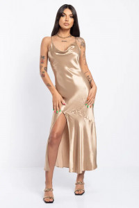 Rochie dama din satin bej cu crapatura Assos mm - Img 3