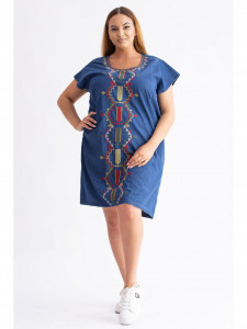 Rochie dama marimi mari din bumbac albastru cu model abstract - Img 1