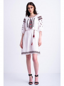 Rochie dama tip ie traditionala din bumbac alb cu broderie rosie - Img 3