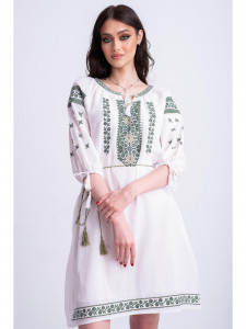Rochie dama tip ie traditionala din bumbac alb cu broderie verde - Img 3