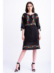 Rochie dama tip ie traditionala din bumbac negru cu broderie florala multicolora - Img 1