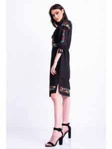 Rochie dama tip ie traditionala din bumbac negru cu broderie florala multicolora - Img 4
