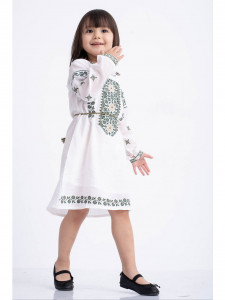 Rochie fetite tip ie traditionala din bumbac alb cu broderie verde - Img 3