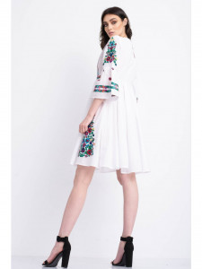 Rochie tip ie traditionala din bumbac alb cu model brodat multicolor - Img 7