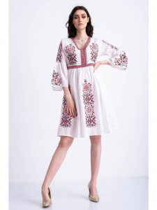 Rochie tip ie traditionala din bumbac alb cu model brodat rosu - Img 1