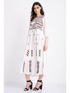 Rochie tip ie traditionala lunga din bumbac alb cu model geometric mov - Img 4