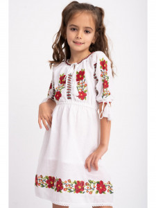 Rochie Traditionala din Bumbac Alb Brodat cu Flori Rosii - Img 4