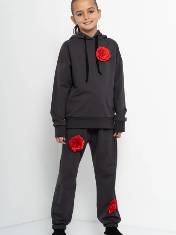 Trening Copii COZY CUSTOM Gri Oversize WKND cu 3 trandafiri rosii-evazat