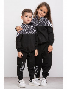 Trening copil 2 piese din bumbac negru cu insertii animal print - Img 1