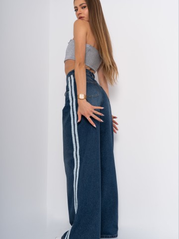 Blue Flare Jeans cu talie inalta si Dungi Laterale - Img 4