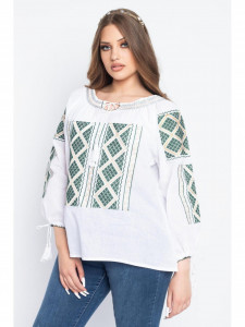 Bluza dama tip ie din bumbac alba cu model traditional verde cu auriu - Img 4
