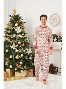 Pijama de Craciun barbat model alb cu reni rosii din bumbac - Img 1