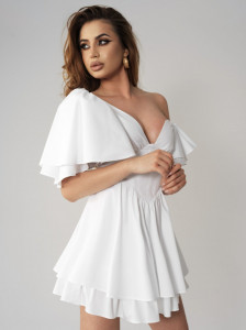 Rochie asimetrica alba cu corset si volane pentru dama - Img 1