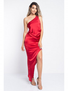 Rochie dama asimetrica din satin rosu cu un umar gol - Img 6