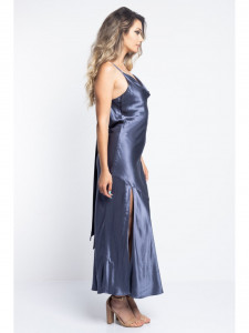 Rochie dama din satin albastru cu spate gol si crapatura laterala - Img 4