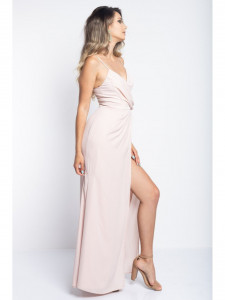 Rochie dama lunga roz cu top vaporos bretele subtiri reglabile si nasturi - Img 4