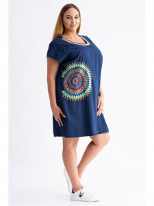 Rochie dama marimi mari din bumbac albastru cu model abstract - Img 3