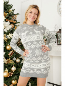 Rochie de Craciun Dama cu Maneca Lunga Mini Gri model Craciun - Img 2