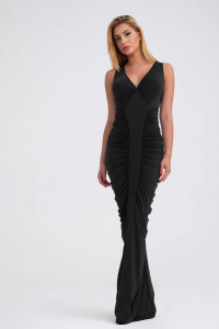 Rochie lunga drapata neagra cu decolteu pentru dama - Img 5